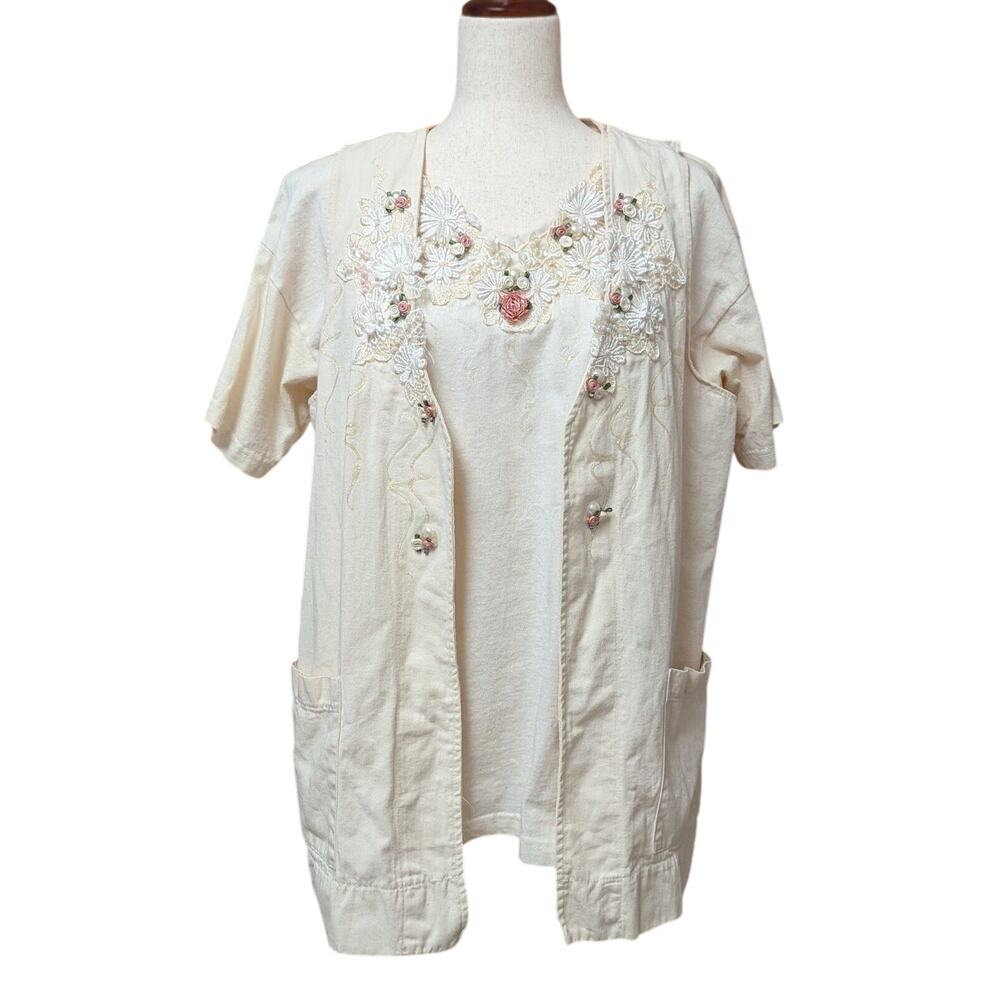 Vintage Cactus Ivory Shirt Vest Set Womens L Pearls Beads Embroidered Sequins